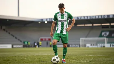 A 30-year-old, 5'10" tall, athletic build, Werderaner midfielder with short, dark brown hair and a focused expression...